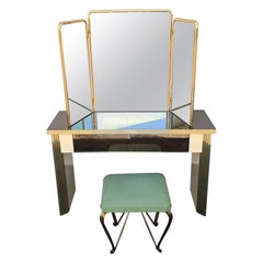 Antique Italian Deco Vanety with the Triptih Brass Mirrore and Pier Luigi Colli Stool