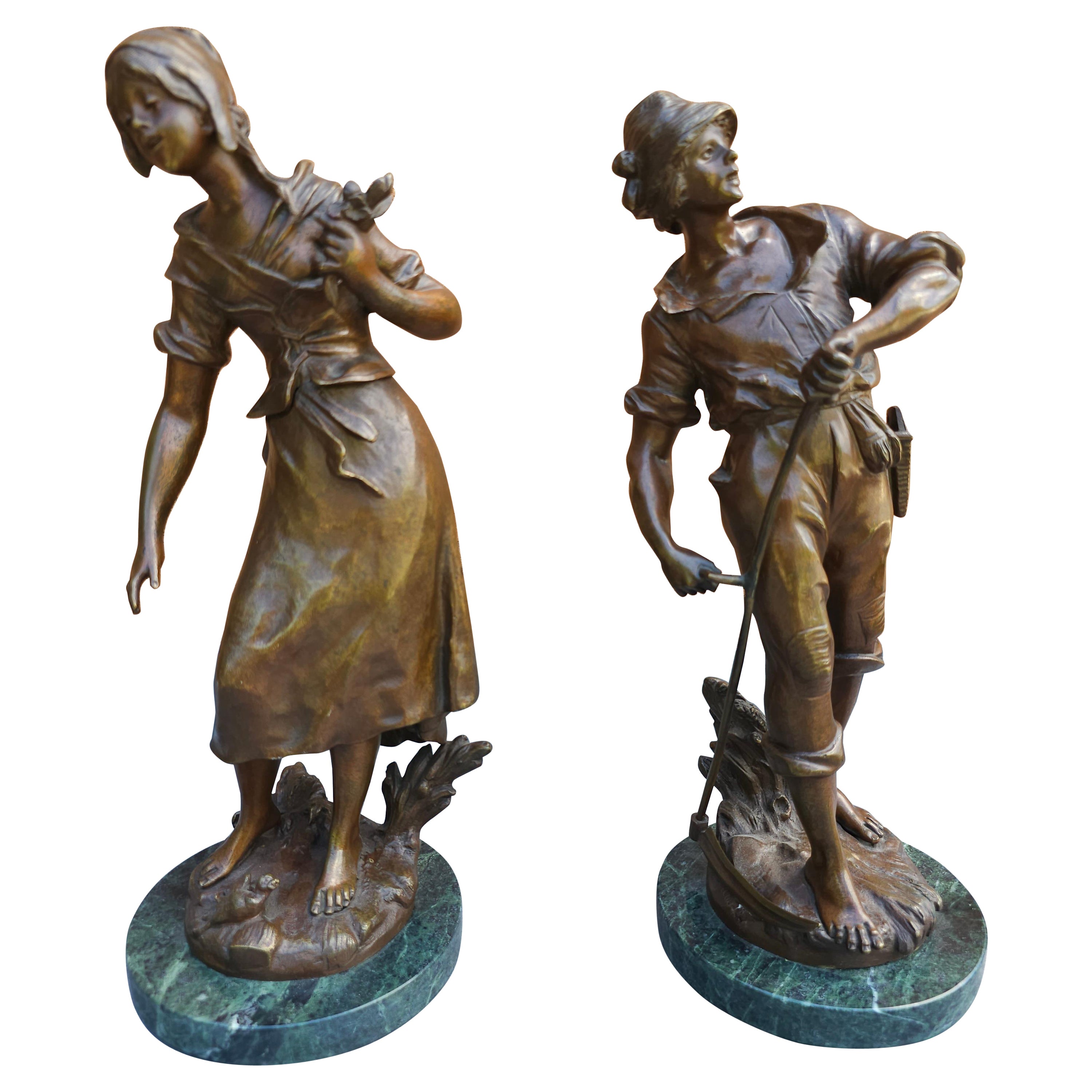Auguste Moreau, Pair Patinated Bronze Figures Peasants on Marble Plinths For Sale