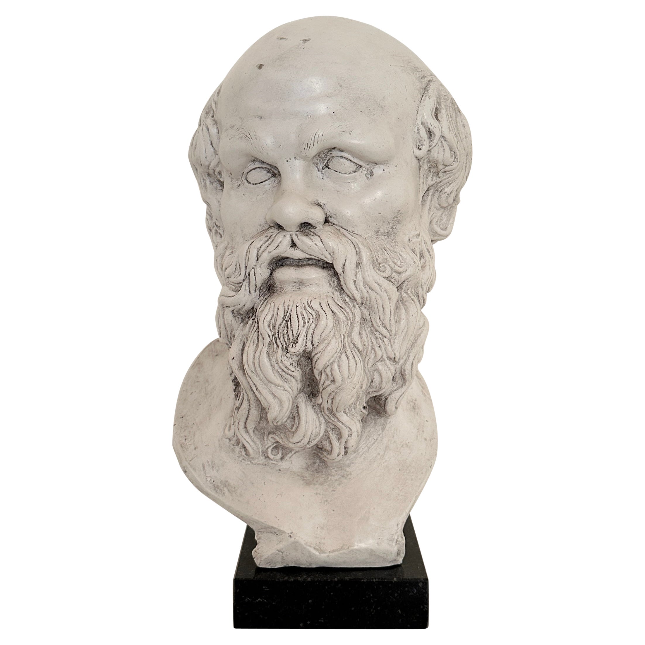 White Plaster Bust of Socrates on a Black Marble Base, around 1940 For Sale