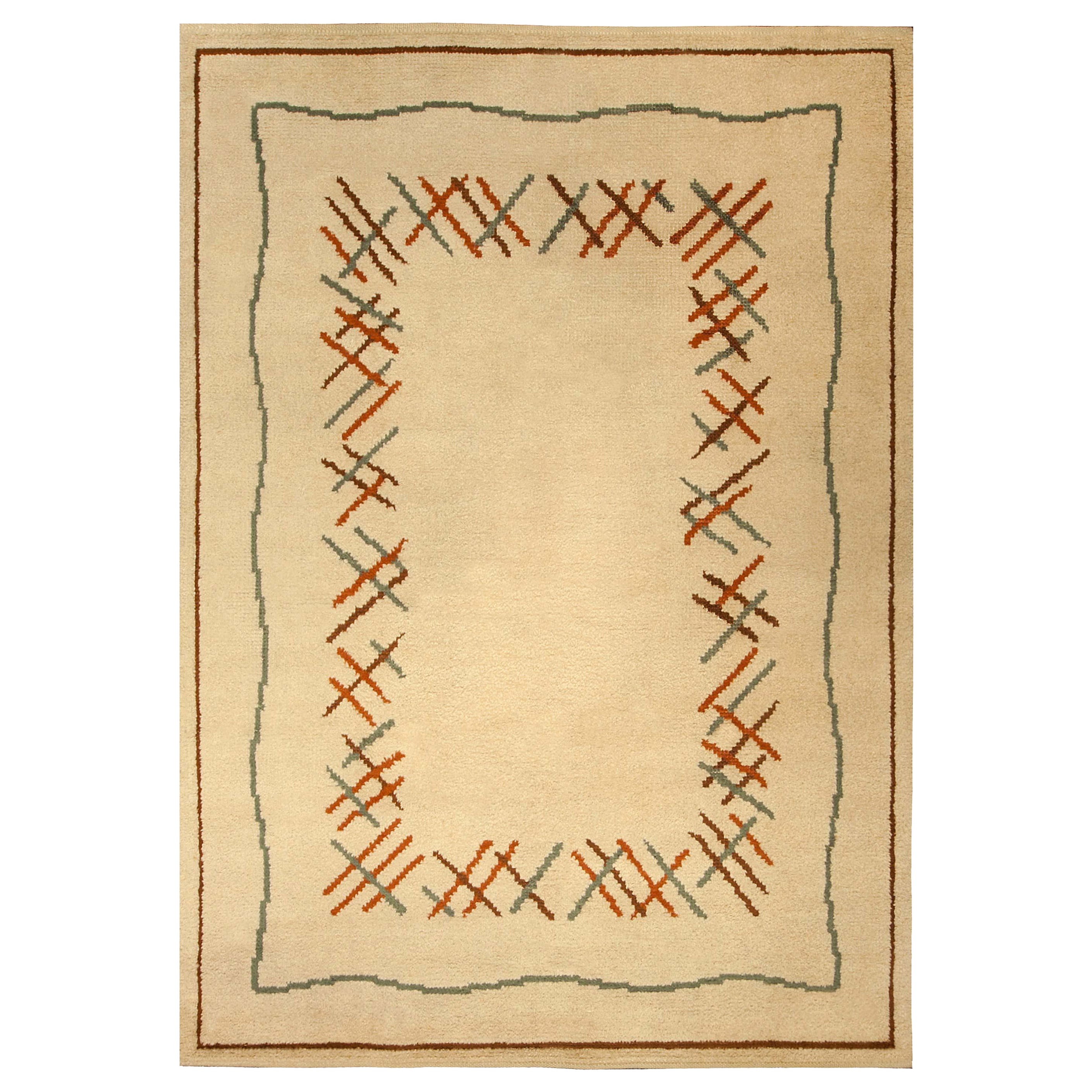 Vintage French Art Deco Hand Knotted Wool Rug For Sale