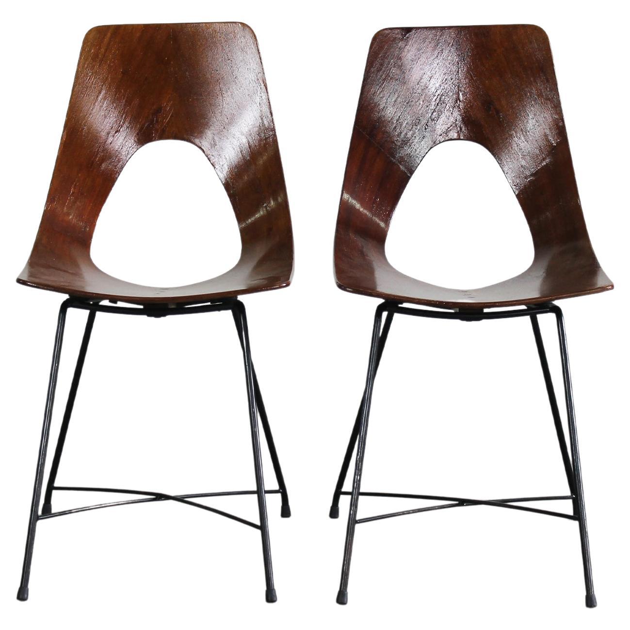 Augusto Bozzi Set of Two Ariston Chairs in Plywood and Metal by Saporiti 1950s