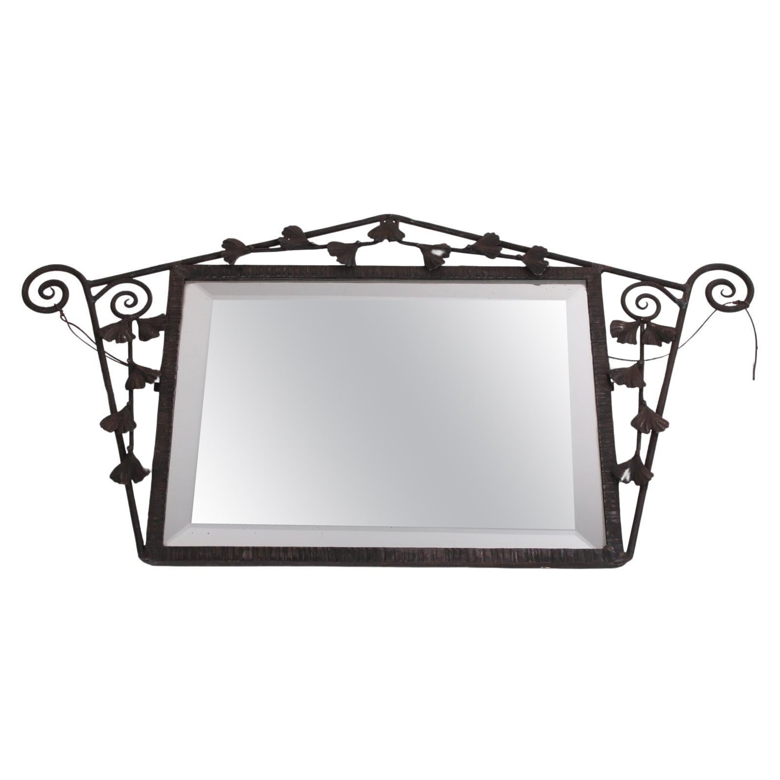 Iron Art Deco Mirror with Black Metal Flowers For Sale