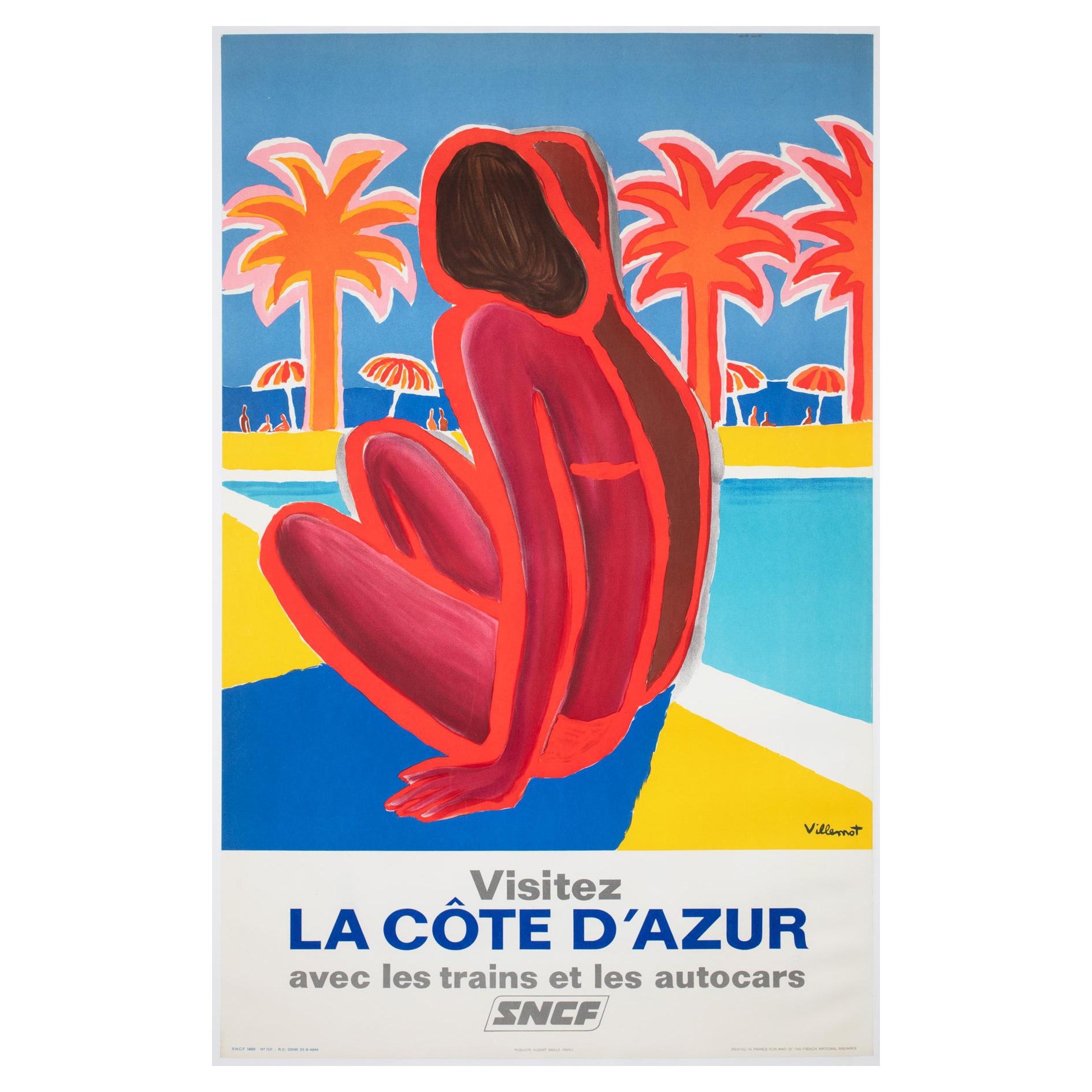 Cote d'Azur SNCF 1968 Travel Advertising Poster, Bernard Villemot For Sale