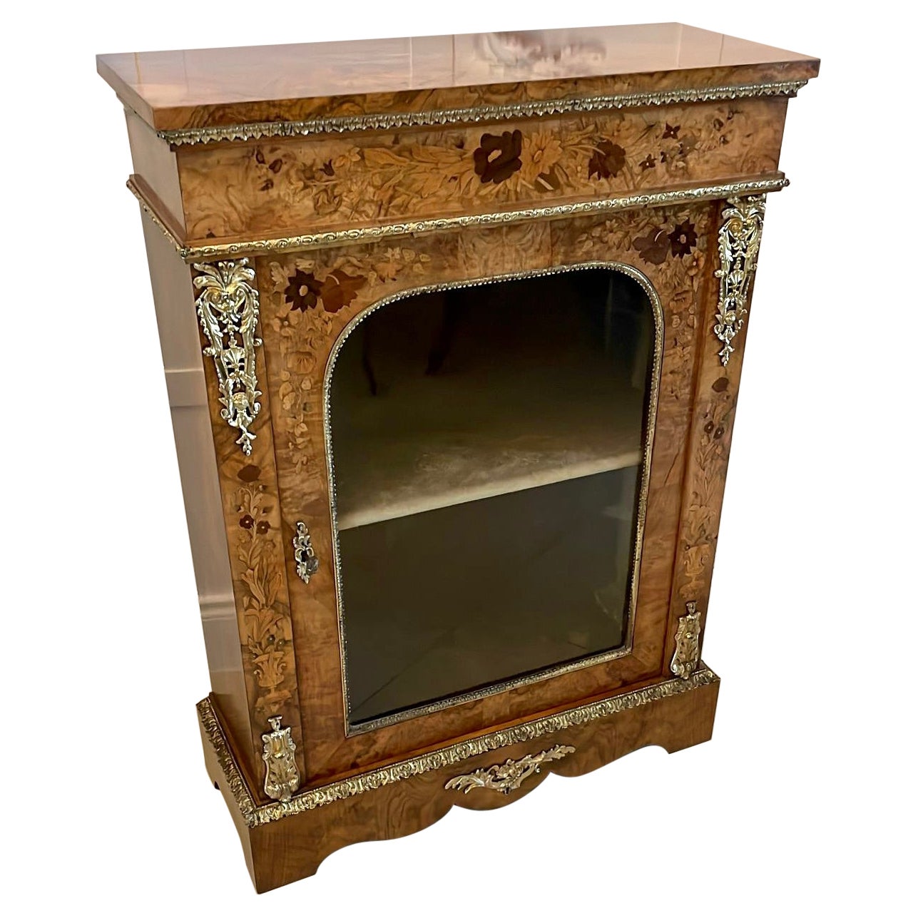 Fine Quality Antique Burr Walnut Marquetry Inlaid Ormolu Mounted Display Cabinet For Sale