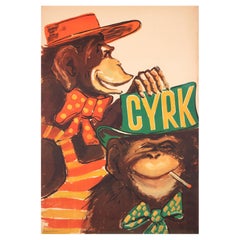 Vintage Cyrk Chimps in Hats 1971 Polish Circus Poster