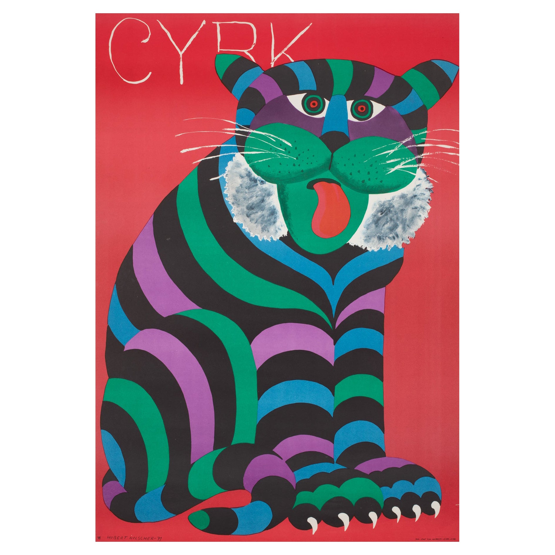 Cyrk Large Stripy Cat Tiger 1971 Polish Circus Poster, Hubert Hilscher For Sale