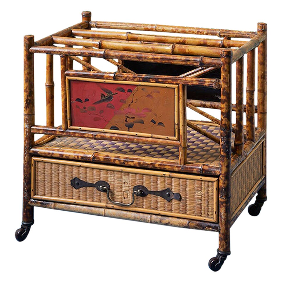 Antique Bamboo and Rattan Magazine Rack with Chinoiserie, England, 1890s For Sale