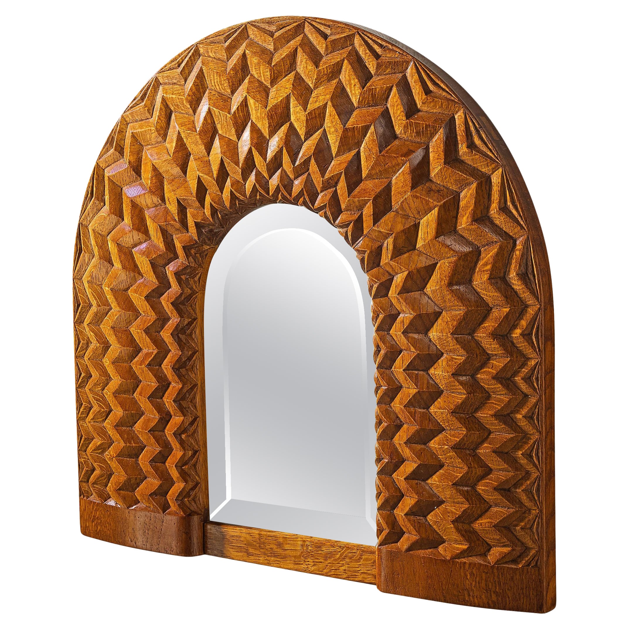 Giuseppe Rivadossi Arched Mirror with Intricate Carvings in Oak  For Sale