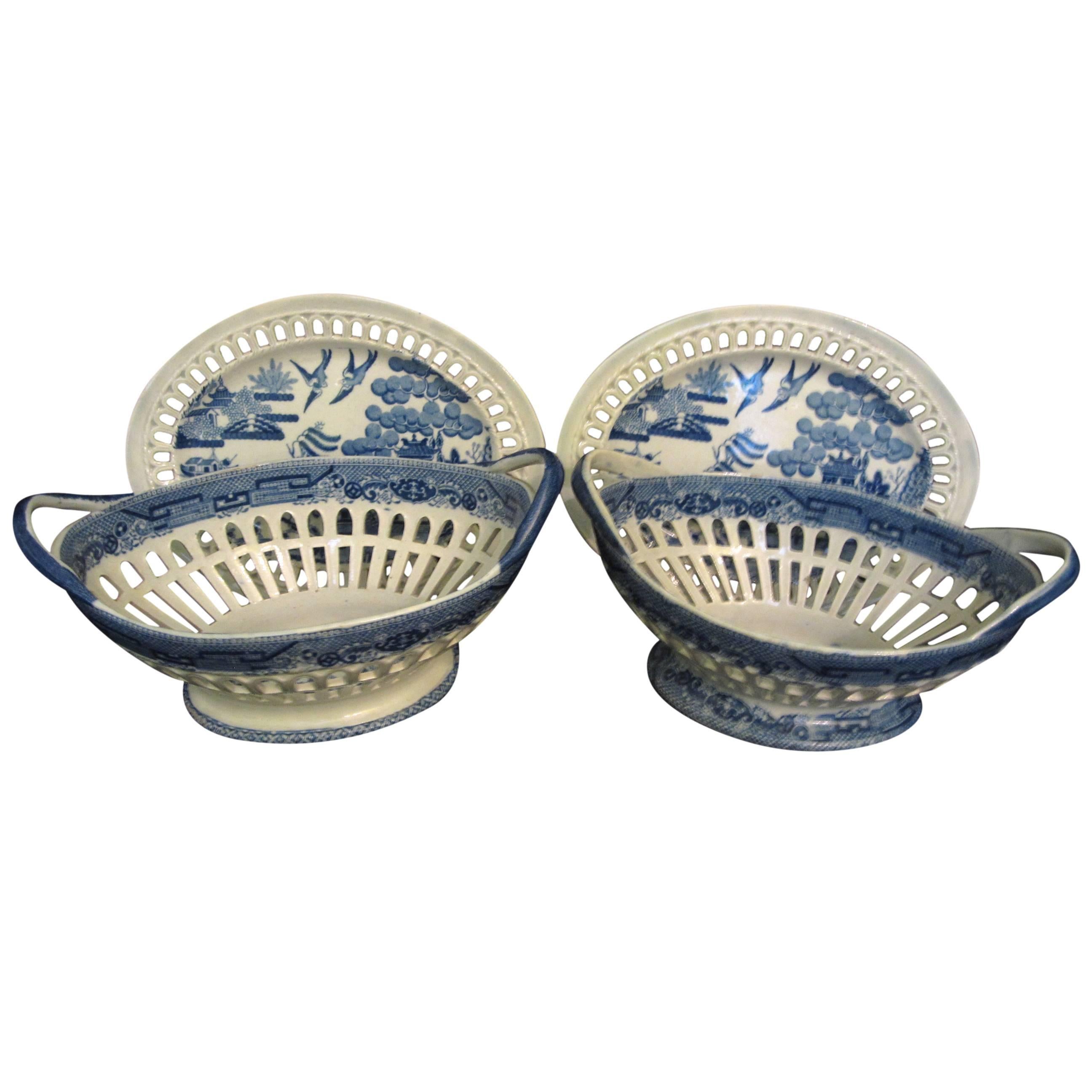 18th Century Staffordshire Pearlware Willow and Bird Baskets on Stands