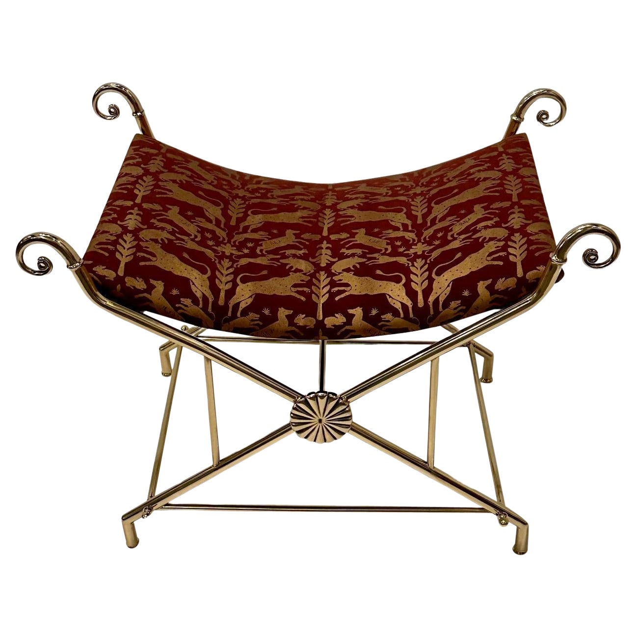 Glamorous Hollywood Regency Italian Brass Bench with Printed Leather Upholstery