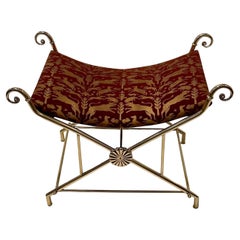 Vintage Glamorous Hollywood Regency Italian Brass Bench with Printed Leather Upholstery