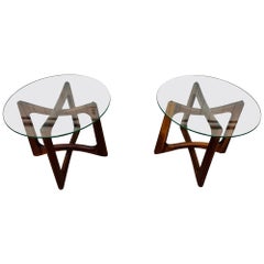 Vintage Mid-Century Modern Adrian Pearsall Walnut Glass Top Side Tables - Set of 2