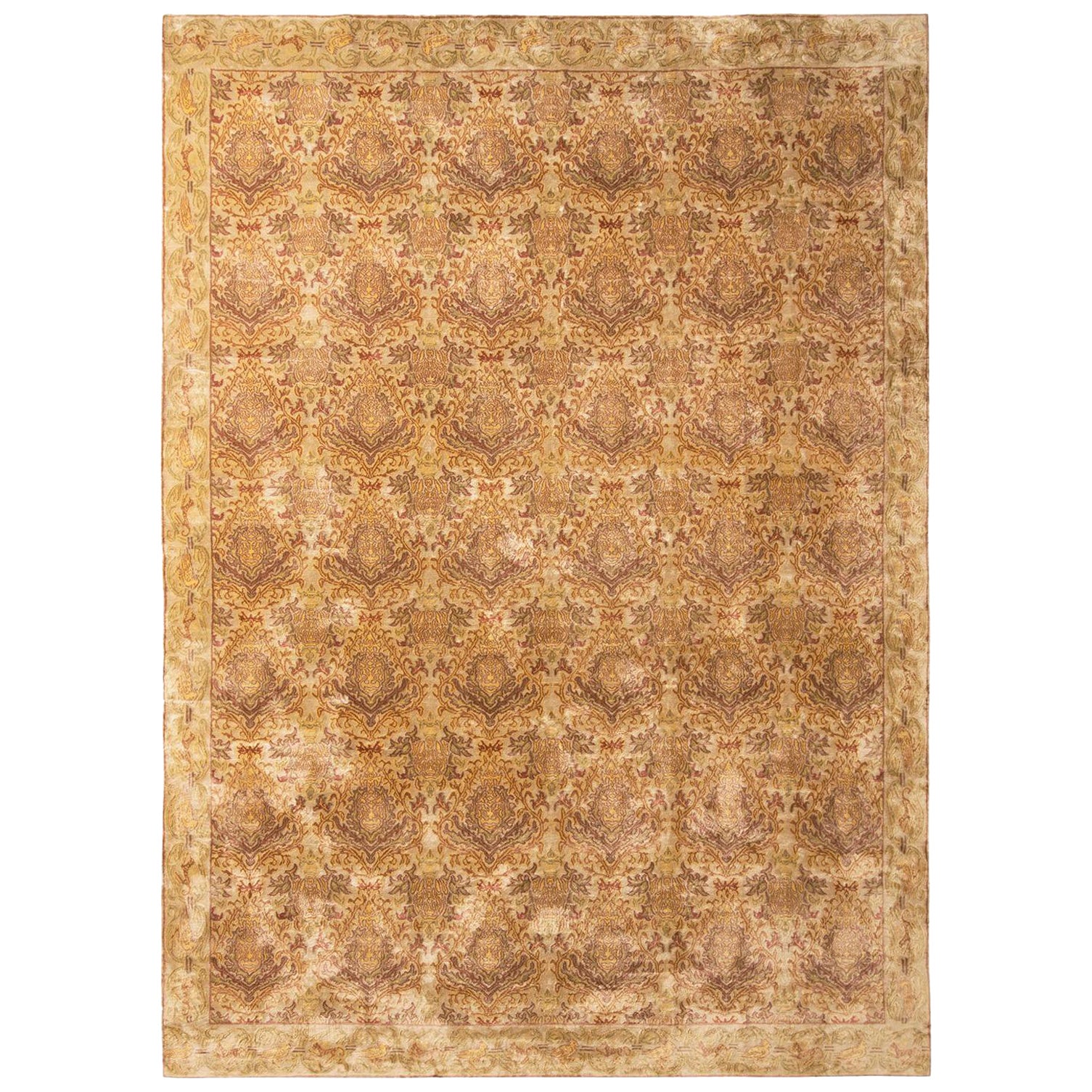 Rug & Kilim's Spanish European Style Rug in Gold, Green, Maroon Floral Pattern For Sale