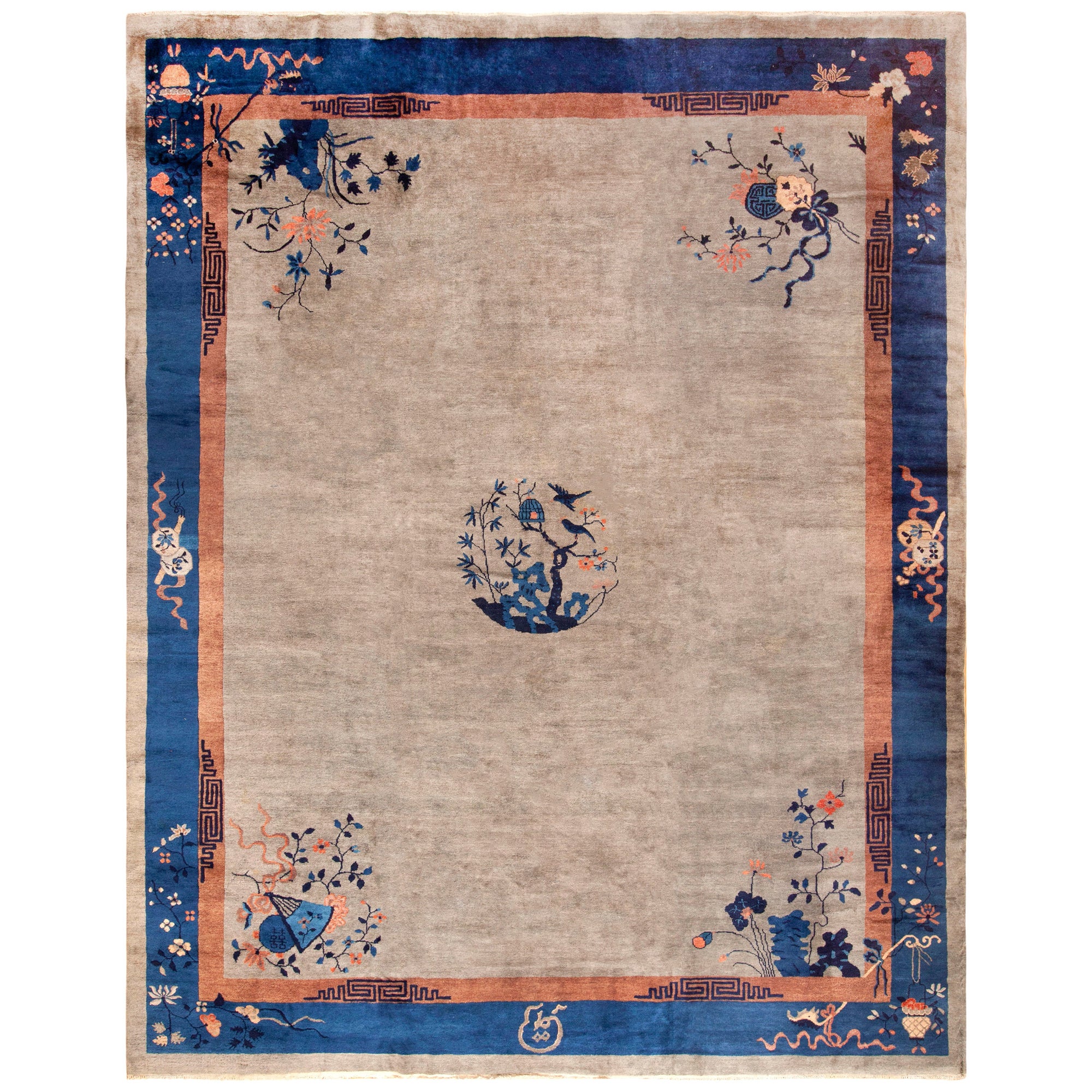 Magnifique tapis Art Déco chinois ancien à médaillon central de 12' x 14'6"