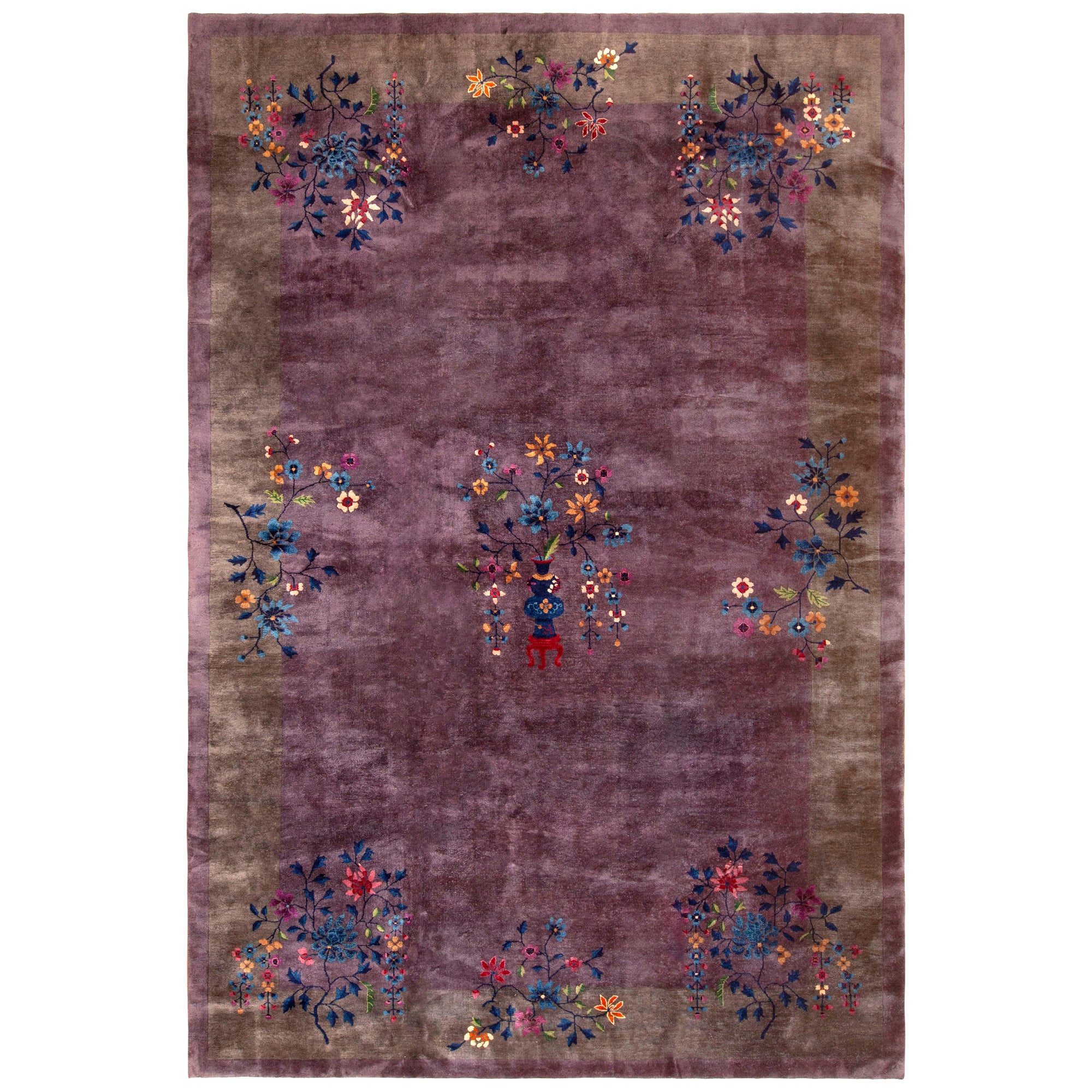 Artful Antique Chinese Art Deco Purple Background Area Rug 10' x 14'8"  For Sale
