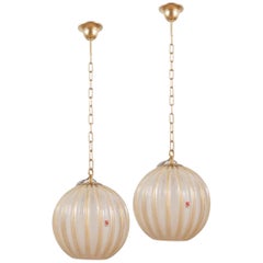 Pair of Rare Murano Glass and Brass Pendants  by Barovier &Toso 1970'