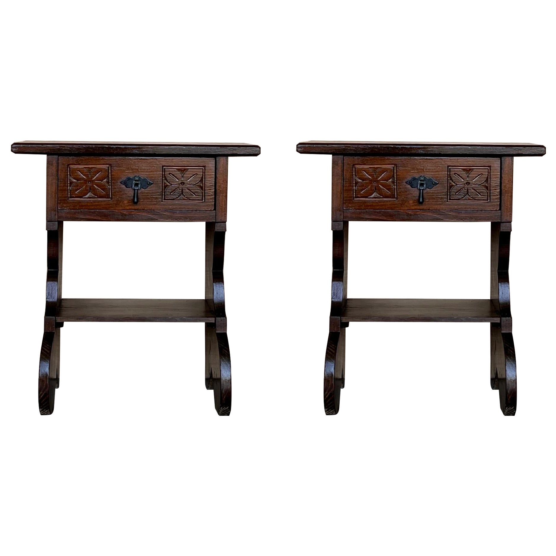 20th Pair of Narrow Spanish Nightstands with Carved Drawer and Low Shelve For Sale
