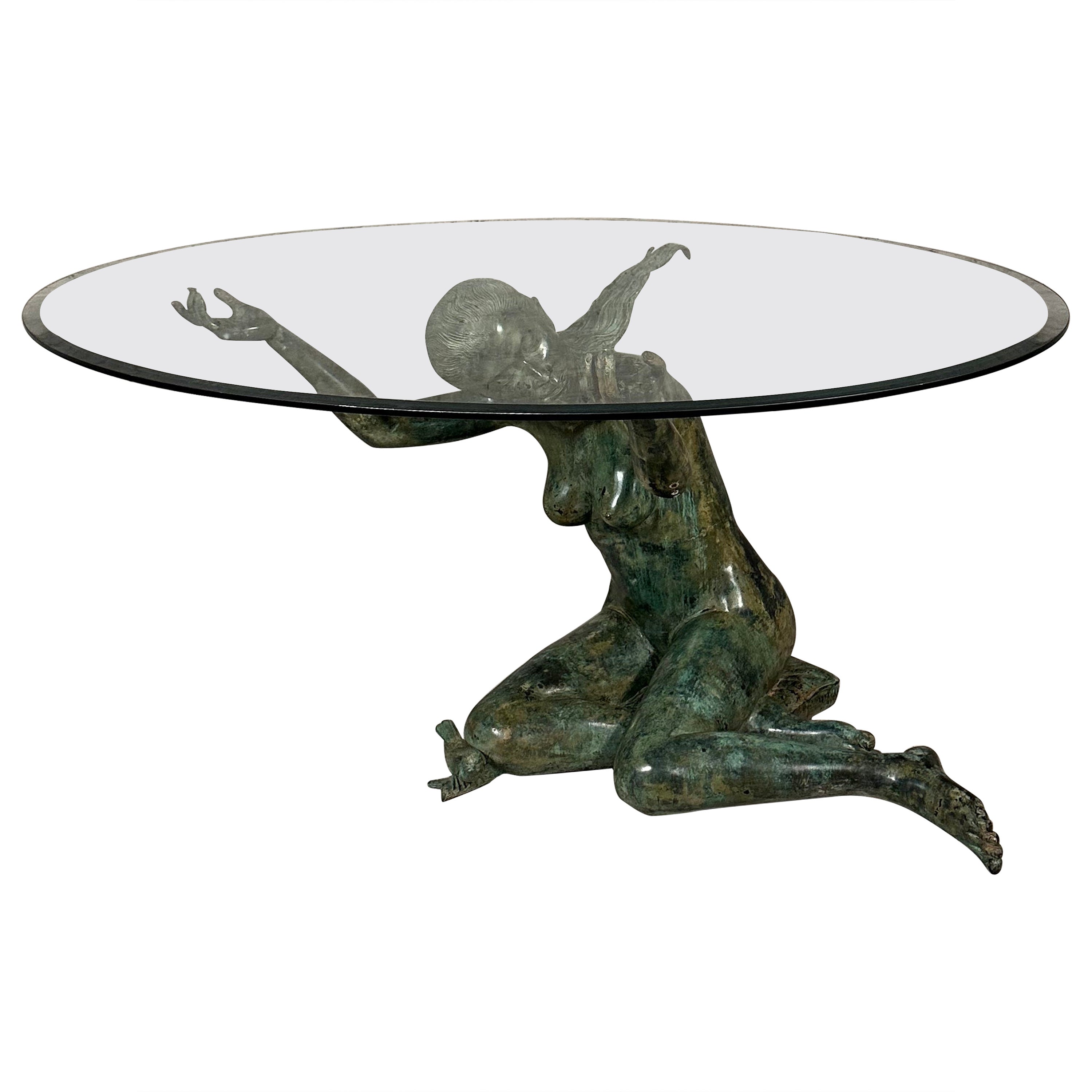 Bronze Woman Sculpture Glass Dining Table For Sale