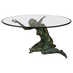 Vintage Bronze Woman Sculpture Glass Dining Table