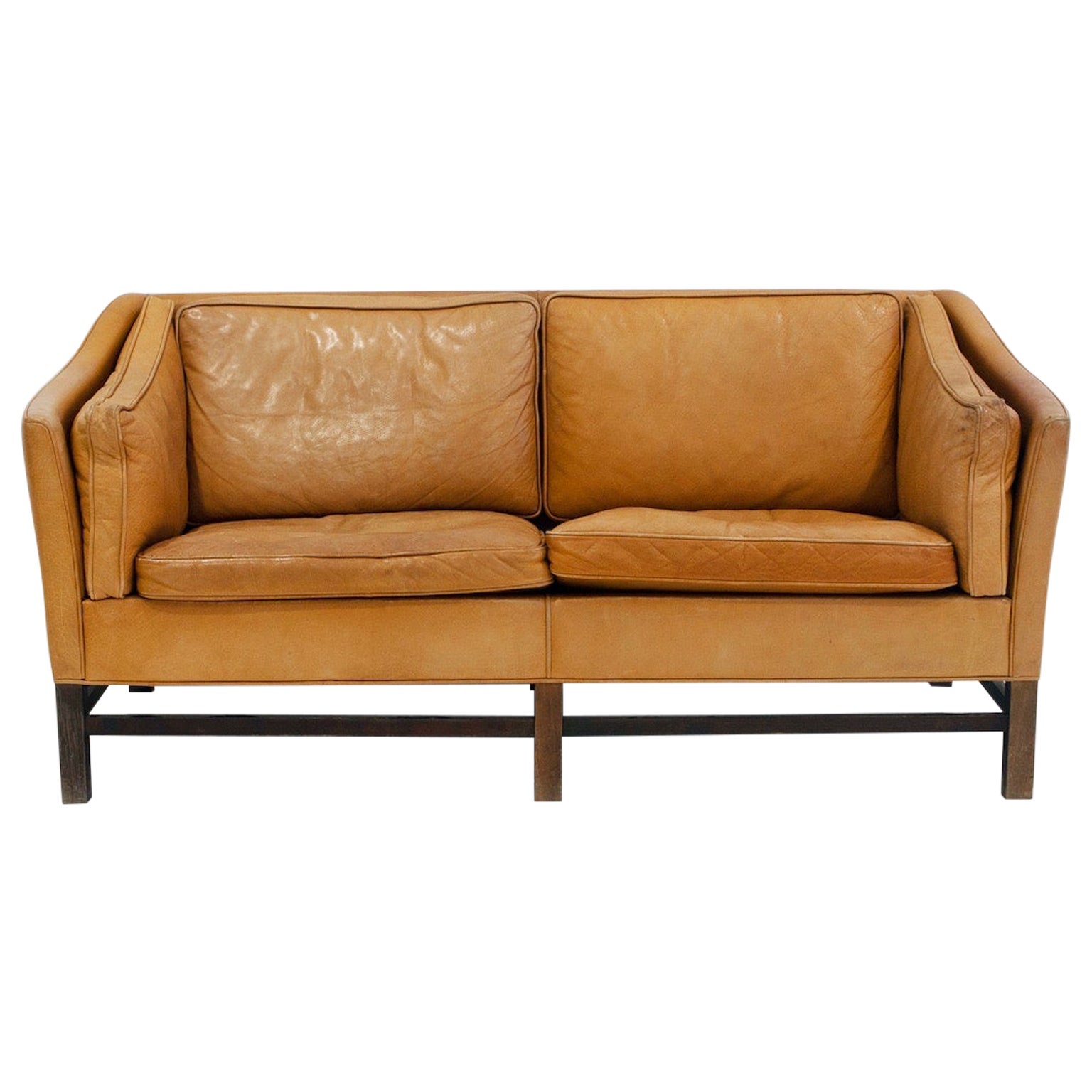 Scandinavian Modern Caramel Brown Leather Two Seat Sofa For Sale