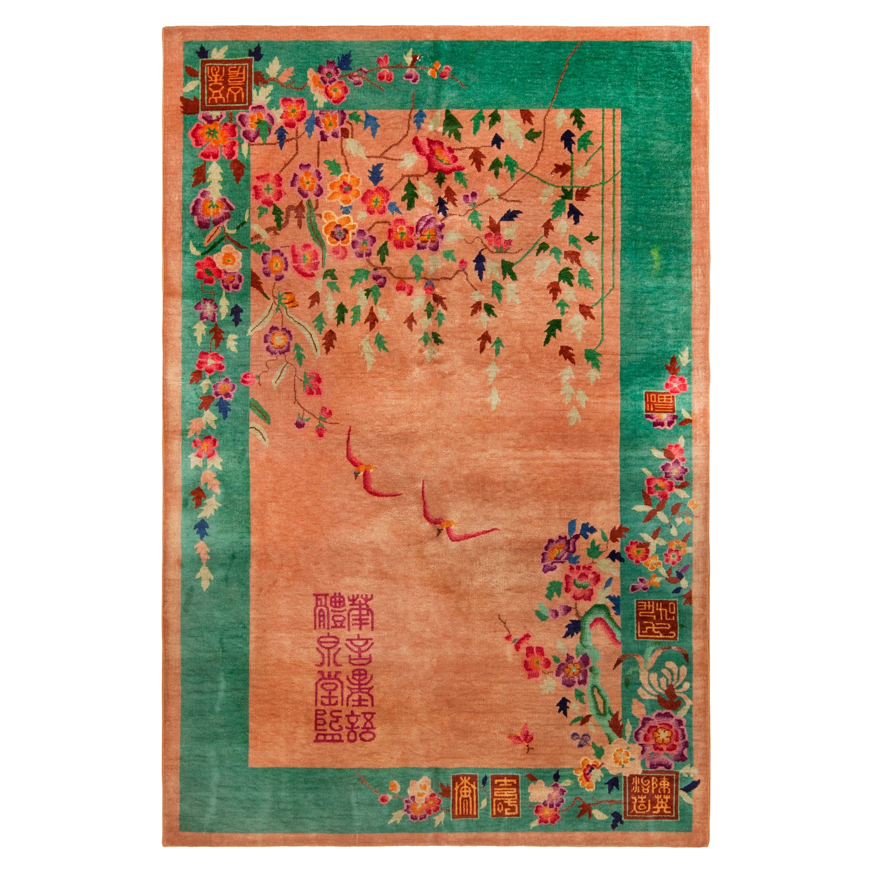 Colorful Antique Chinese Art Deco Floral Rug 5'8" x 8'5" For Sale