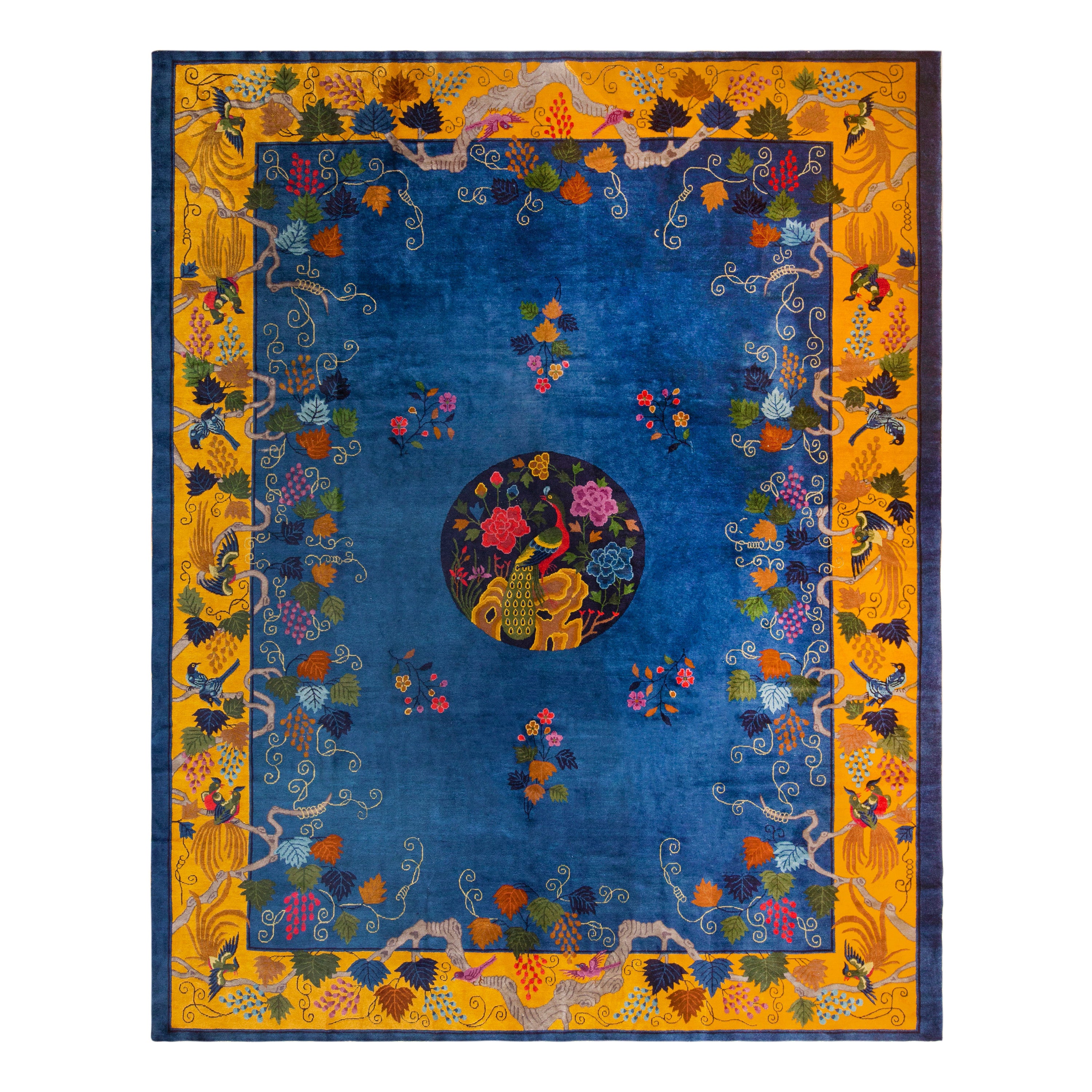 Eclectic Colorful Antique Chinese Art Deco Peacock Rug 10' x 12'1" For Sale