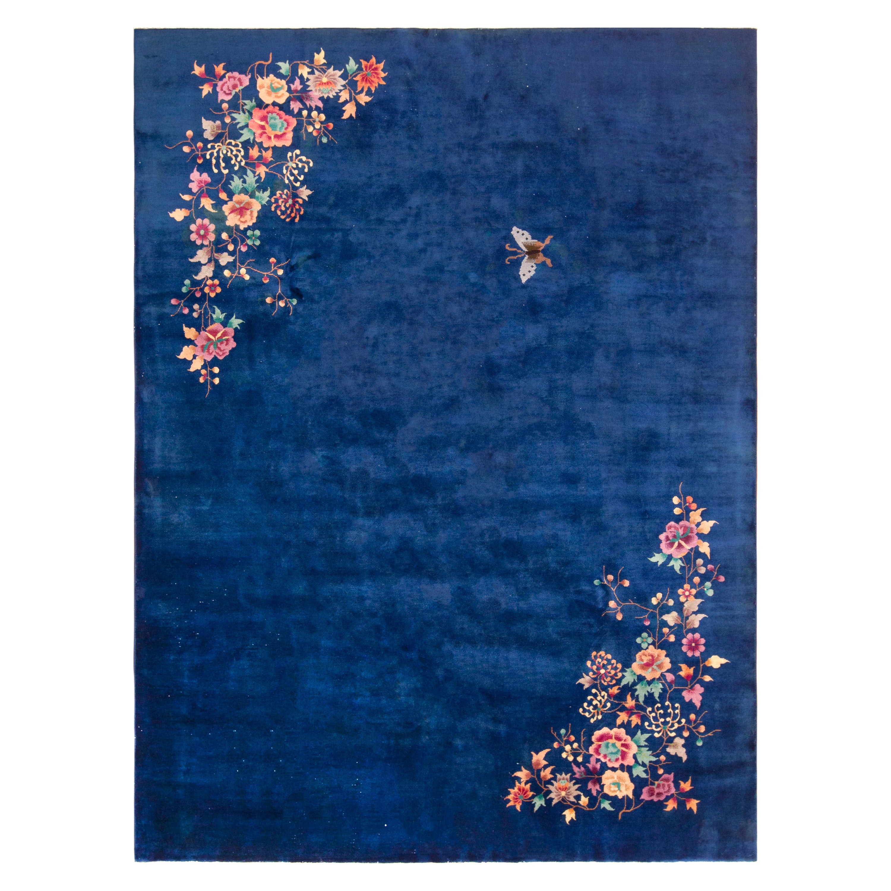 Vibrant Blue Antique Art Deco Chinese Floral Area Rug 8'7" x 11'2" For Sale