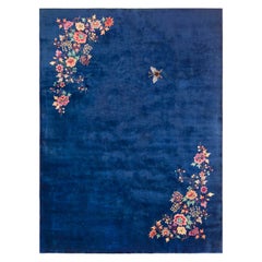 Vibrierende blaue antike Art Deco Chinese Floral Area Rug 8'7" x 11'2"