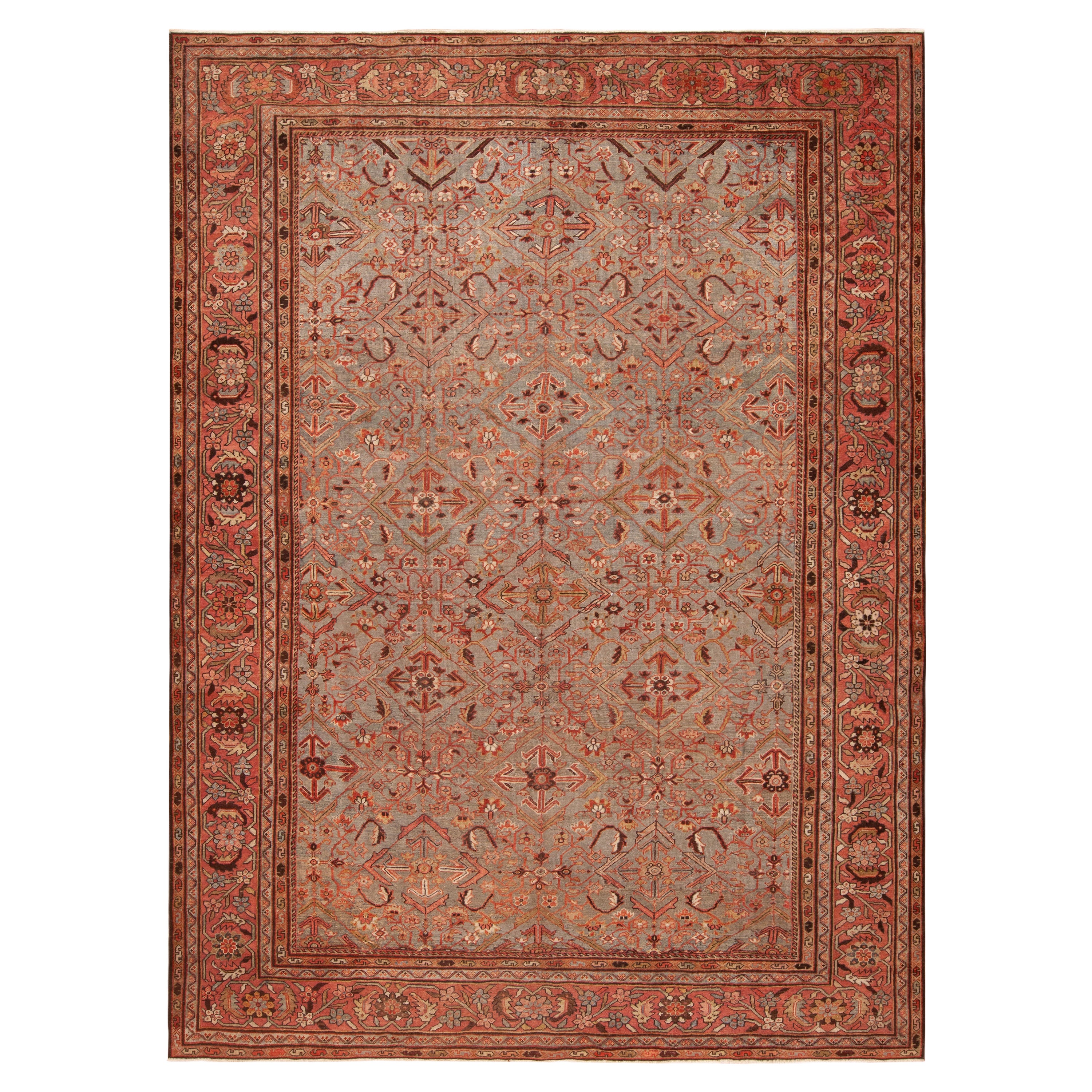 Highly Artistic Antique Light Blue Background Persian Sultanabad Rug 9' x 12' For Sale