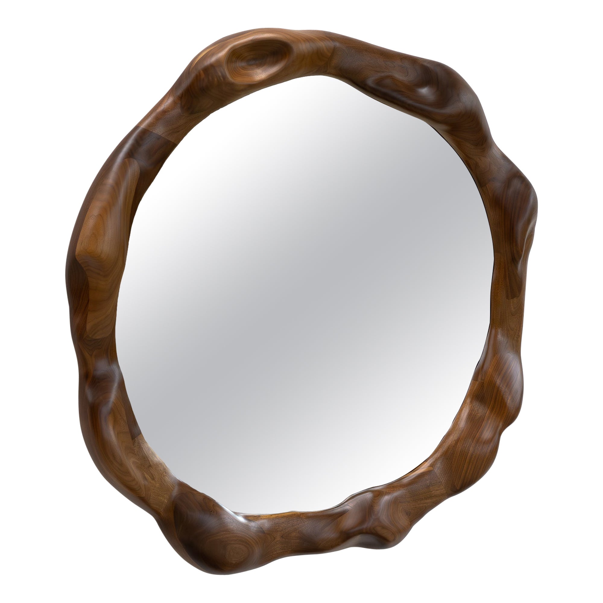 Big Round Sculptural Wavy Mirror in Walnut Wood