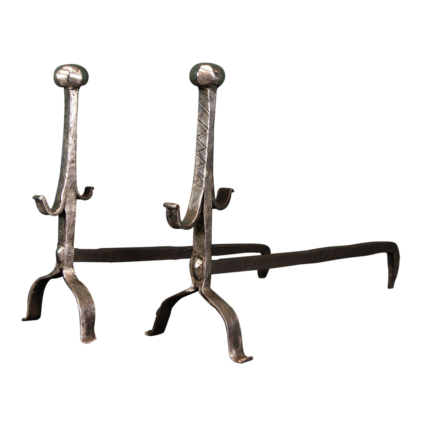 A Pair of Early 19th Century Polished Wrought-Iron Fireplace Andirons For Sale