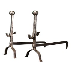 A Pair of Early 19th Century Polished Wrought-Iron Fireplace Andirons