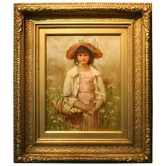 Antique 19th Century Painting of a Girl Gathering Flowers by Edith M. S. Scannell 