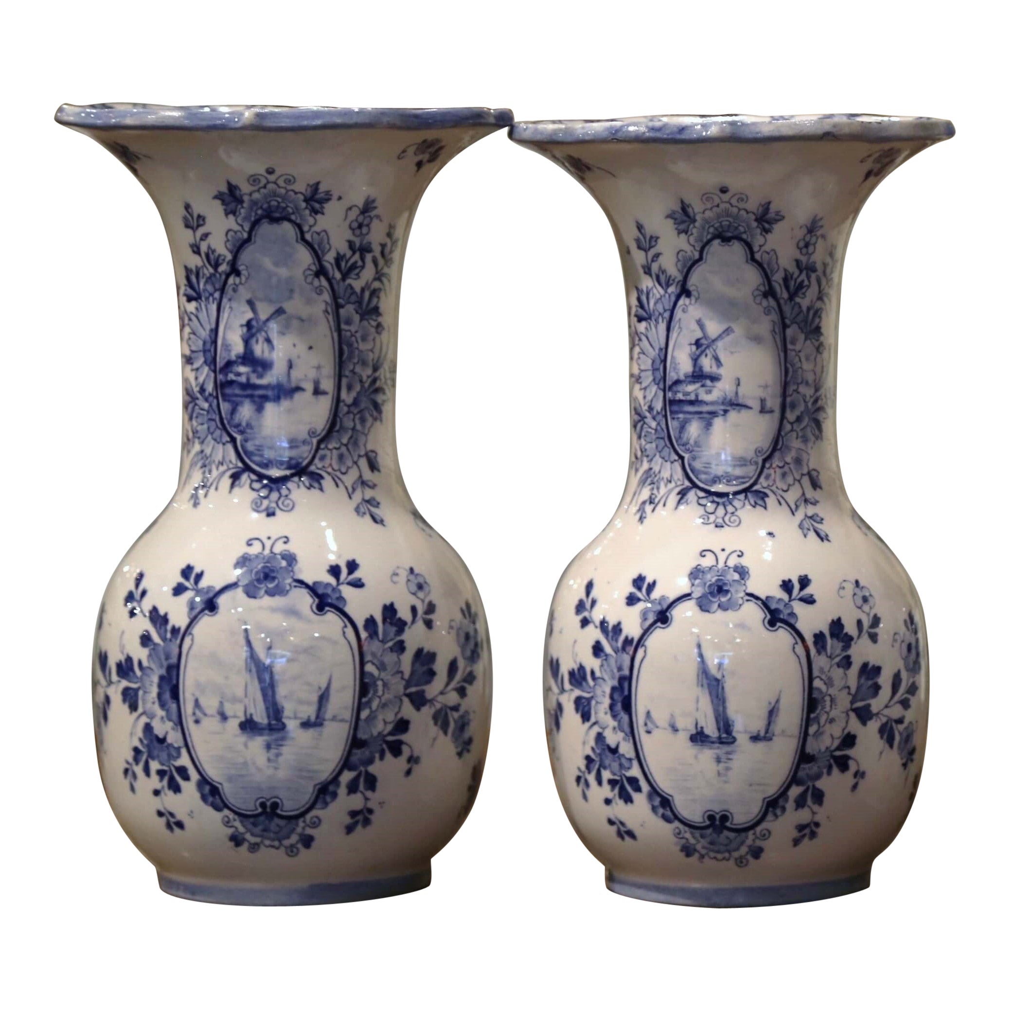 Pair of Early 20th Century Dutch Blue and White Hand Painted Faience Delft Vases For Sale