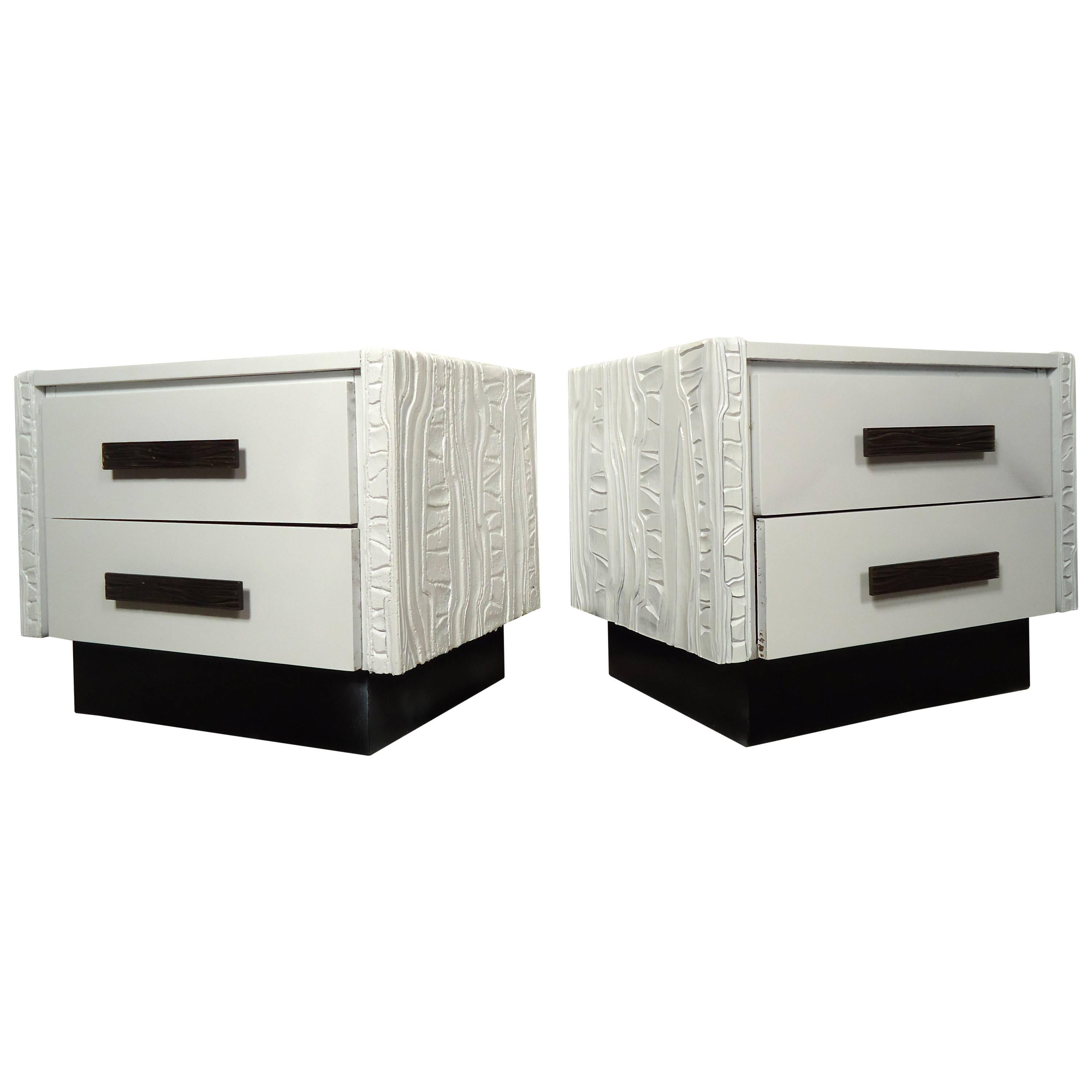 Pair of Mid-Century Sculpted White Nightstands