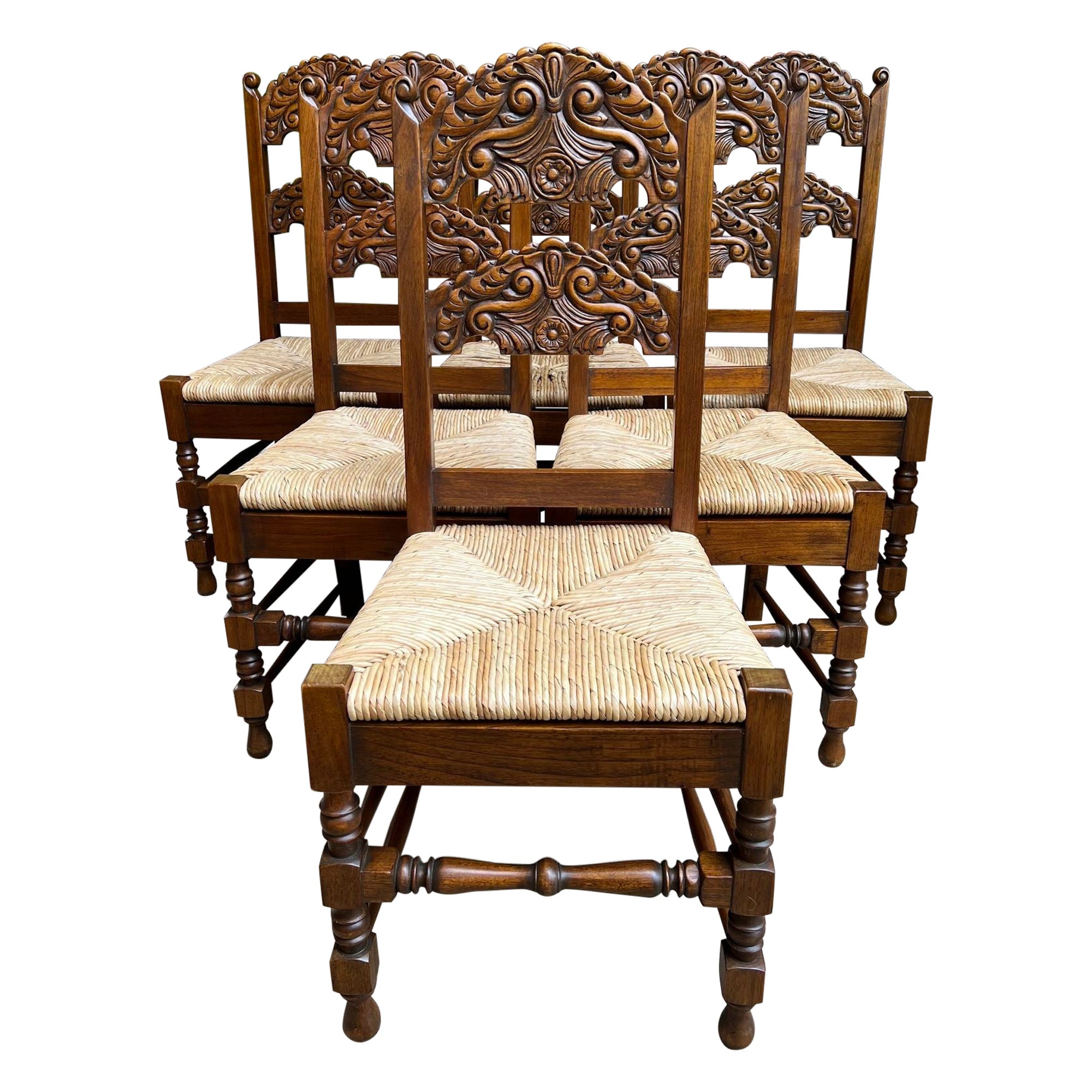 Set 6 Vintage English Dining Side Chairs Carved Oak Rush Seat Yorkshire Style For Sale