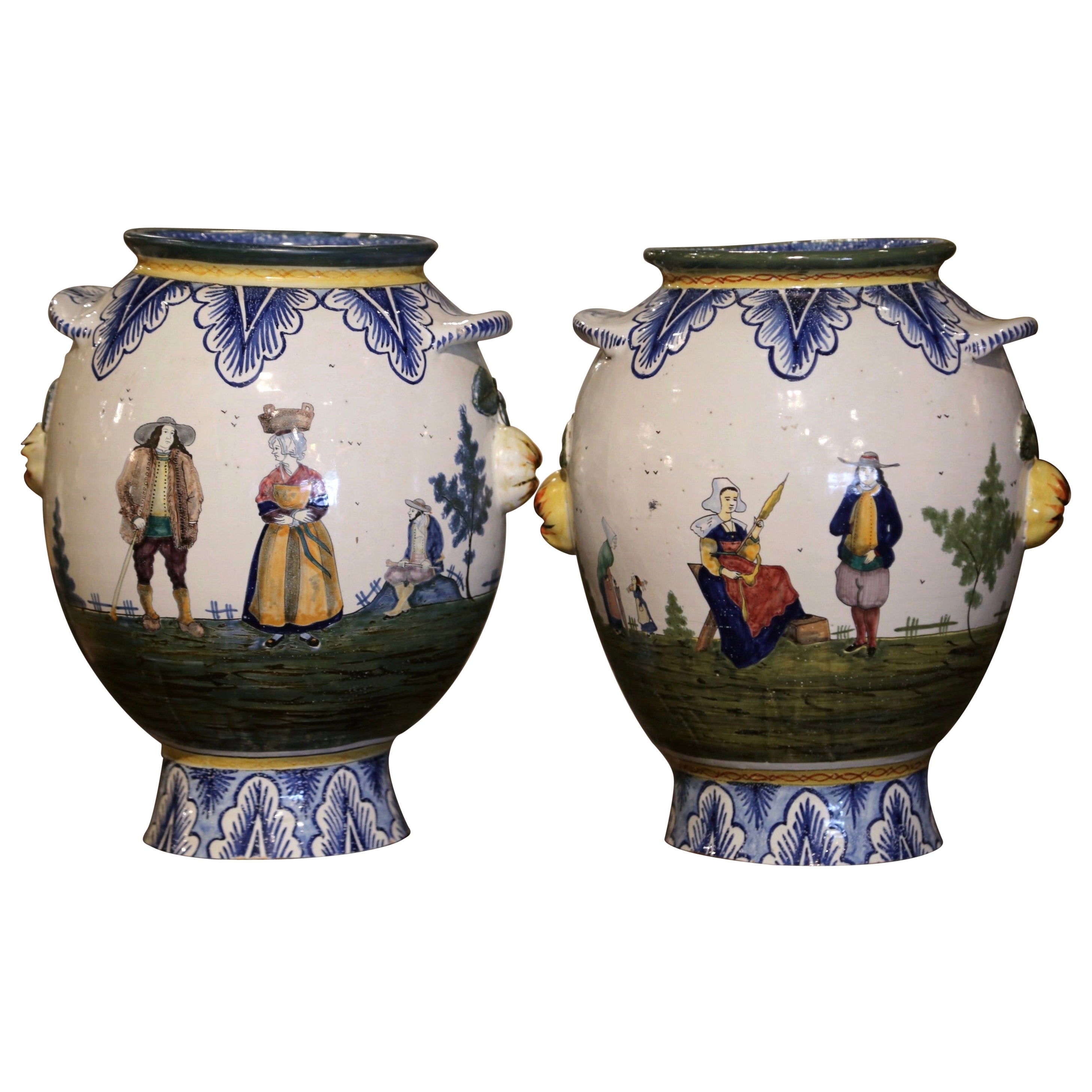 Pair of Early 20th Century French Hand Painted Faience Vases Signed HB Quimper For Sale