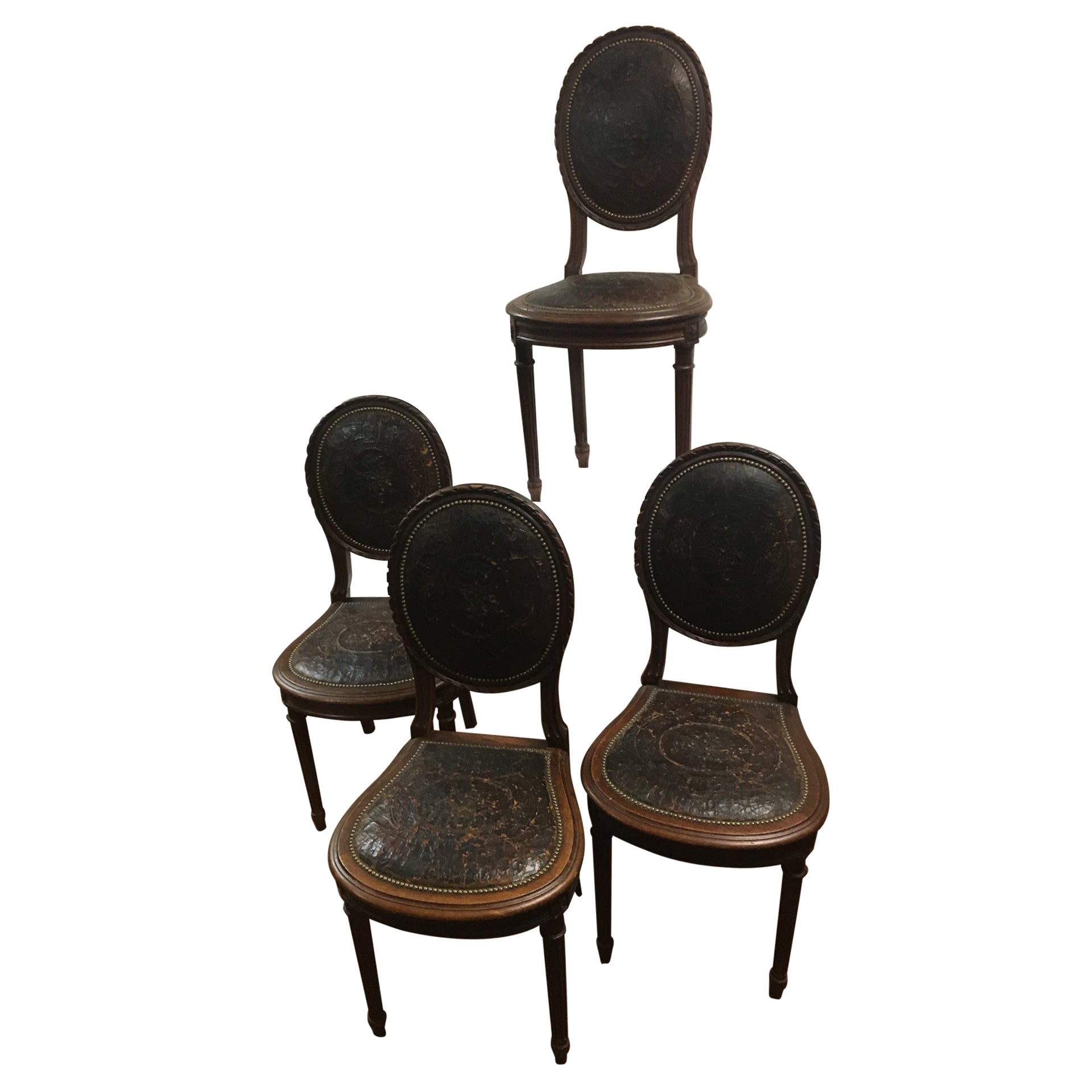 Napoleon III Set of Four Oak Embossed Leather Covered Chairs w/ Brass Tacks For Sale