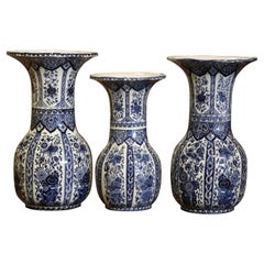 Retro Mid-20th Century Dutch Royal Blue & White Painted Faience Delft Vases, Set of 3