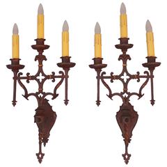 Spectacular Antique Pair of Large Three-Light Spanish Revival Sconces