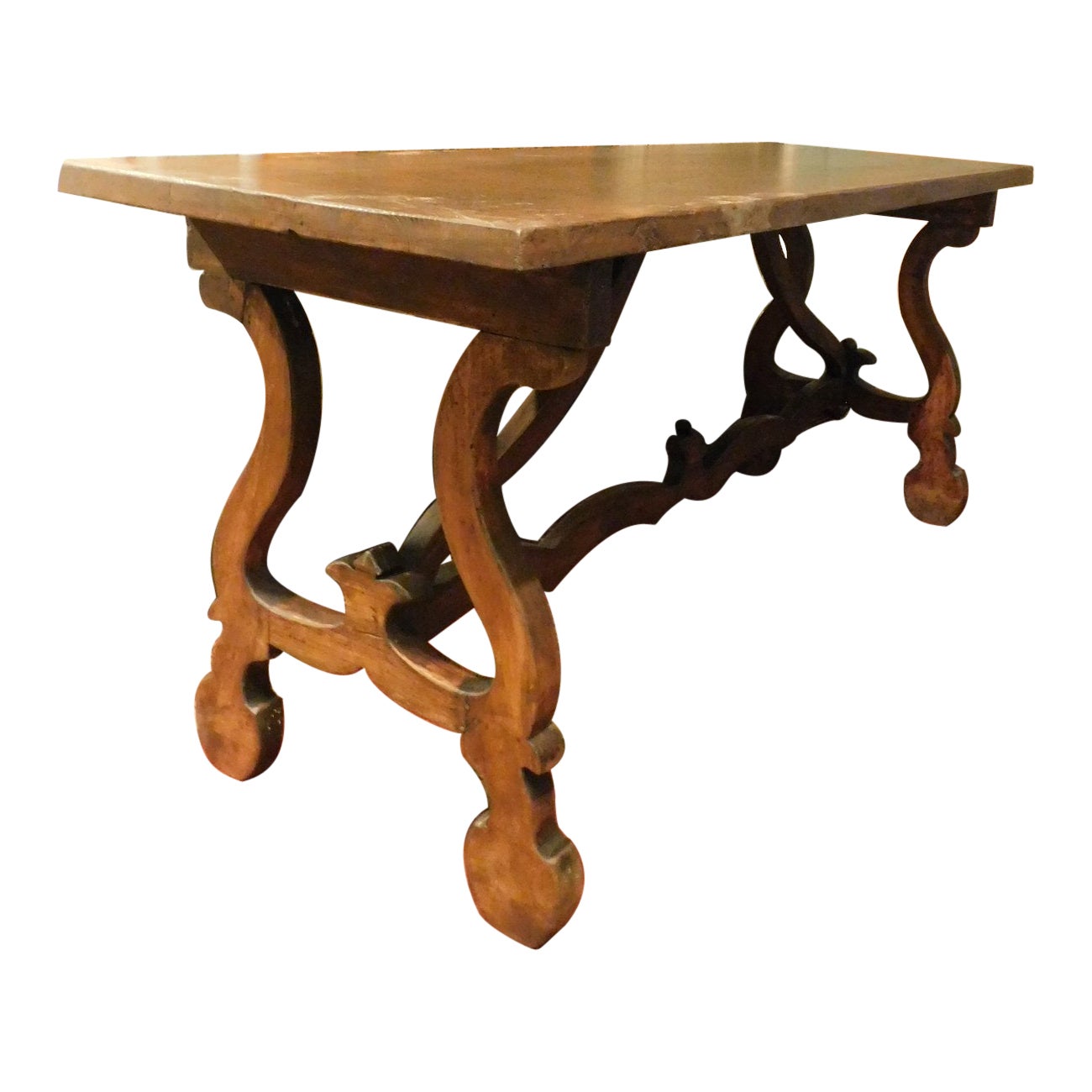 Refectory table with wavy legs in oak and walnut, Spain For Sale