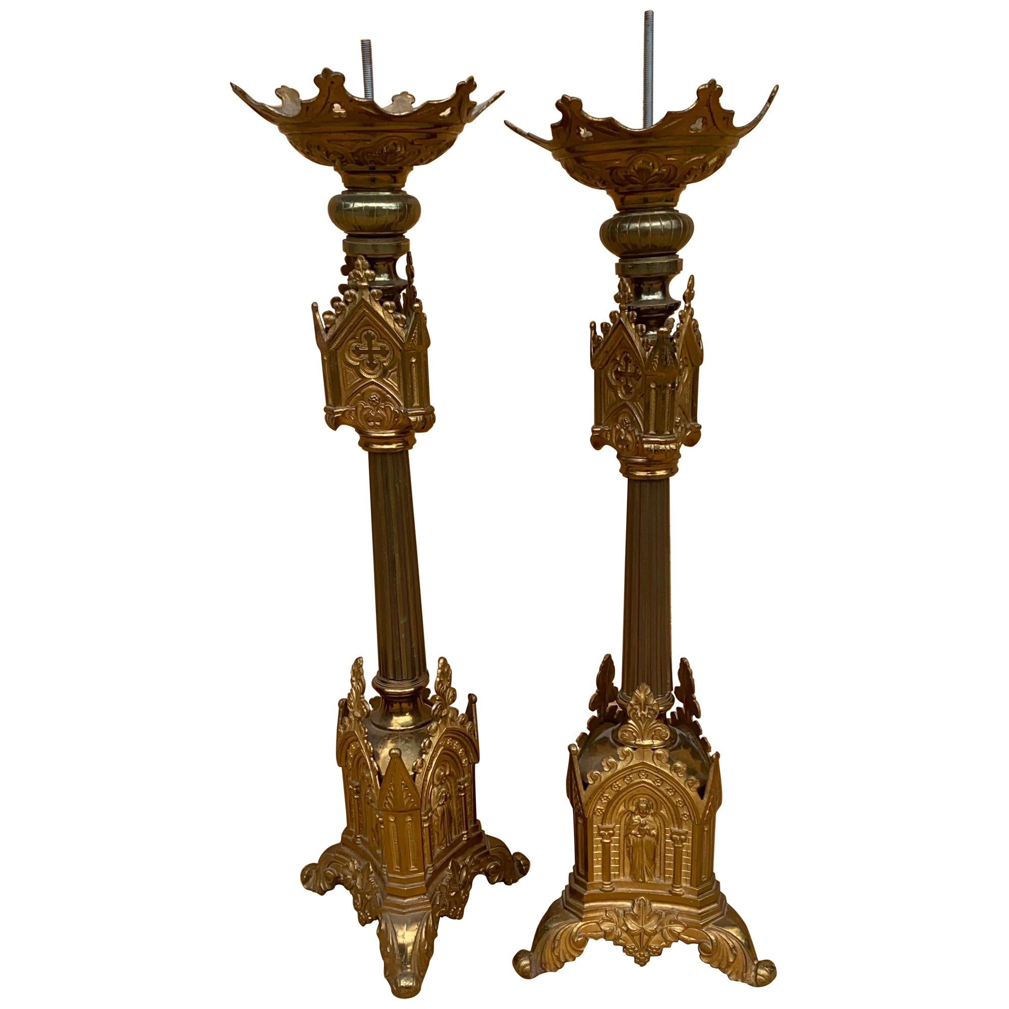 Antique French Neogothic Altar Torchère Candlestick Set w/ Jesus & Cross For Sale