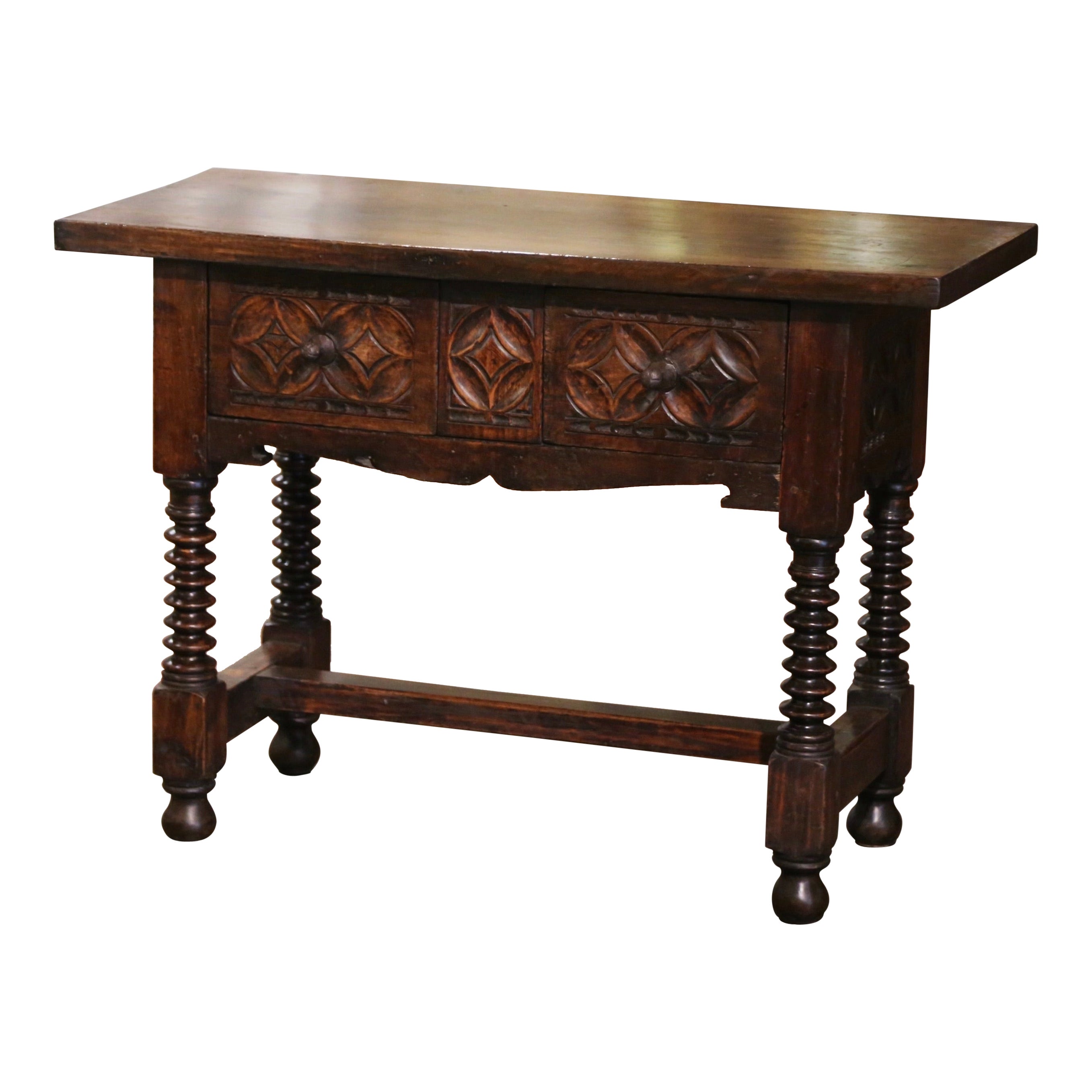 18th Century Spanish Renaissance Carved Walnut Console Table with Drawers For Sale