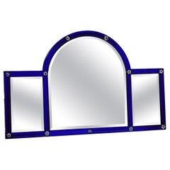 Miroir de cheminée irlandais en verre bleu cobalt