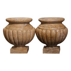Vintage Pair of Mid-Century French Neoclassical Carved Marble Flute Garden Urns Planters