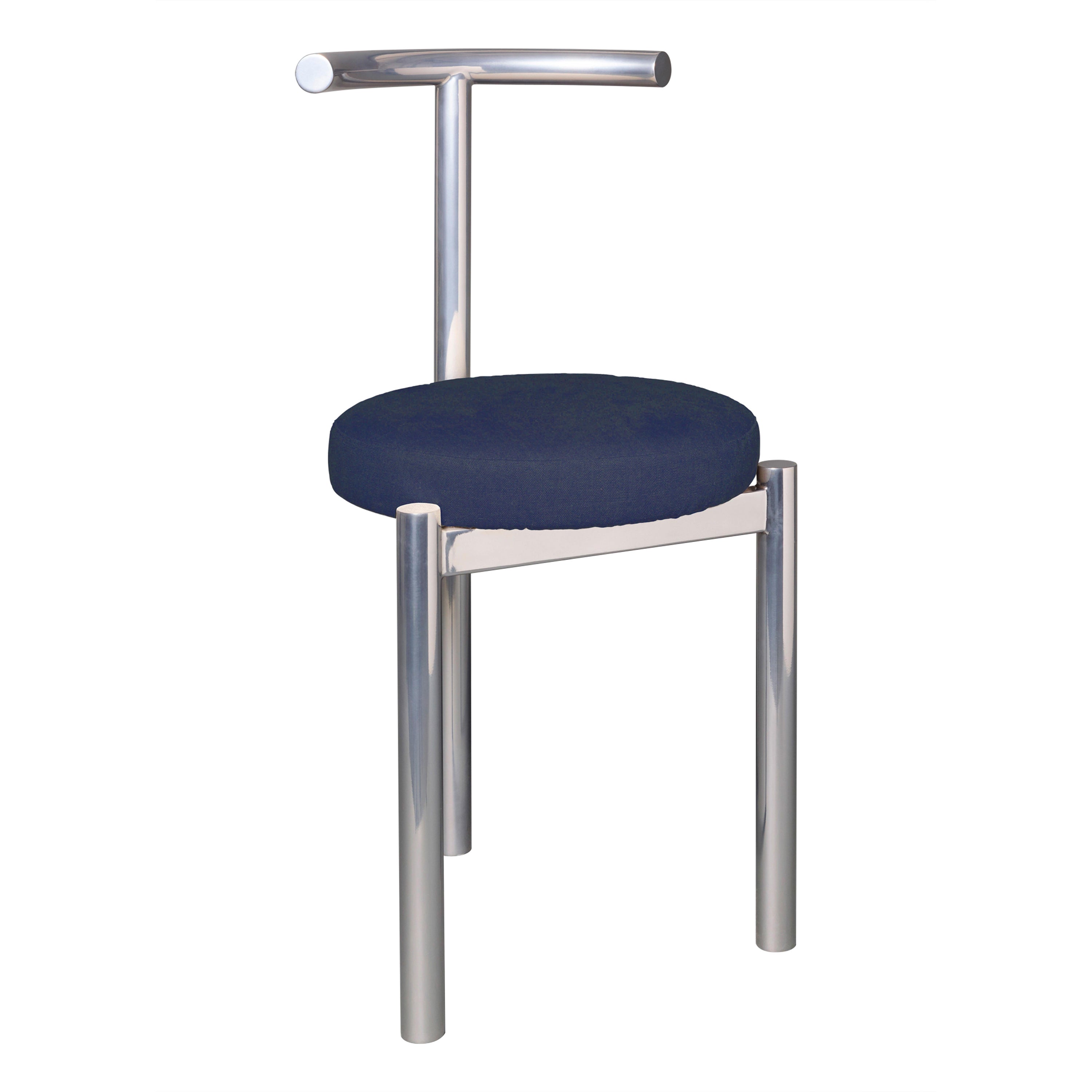 'M Series' Tubular Polished Stainless Steel Chair, Navy Fabric Seat For Sale