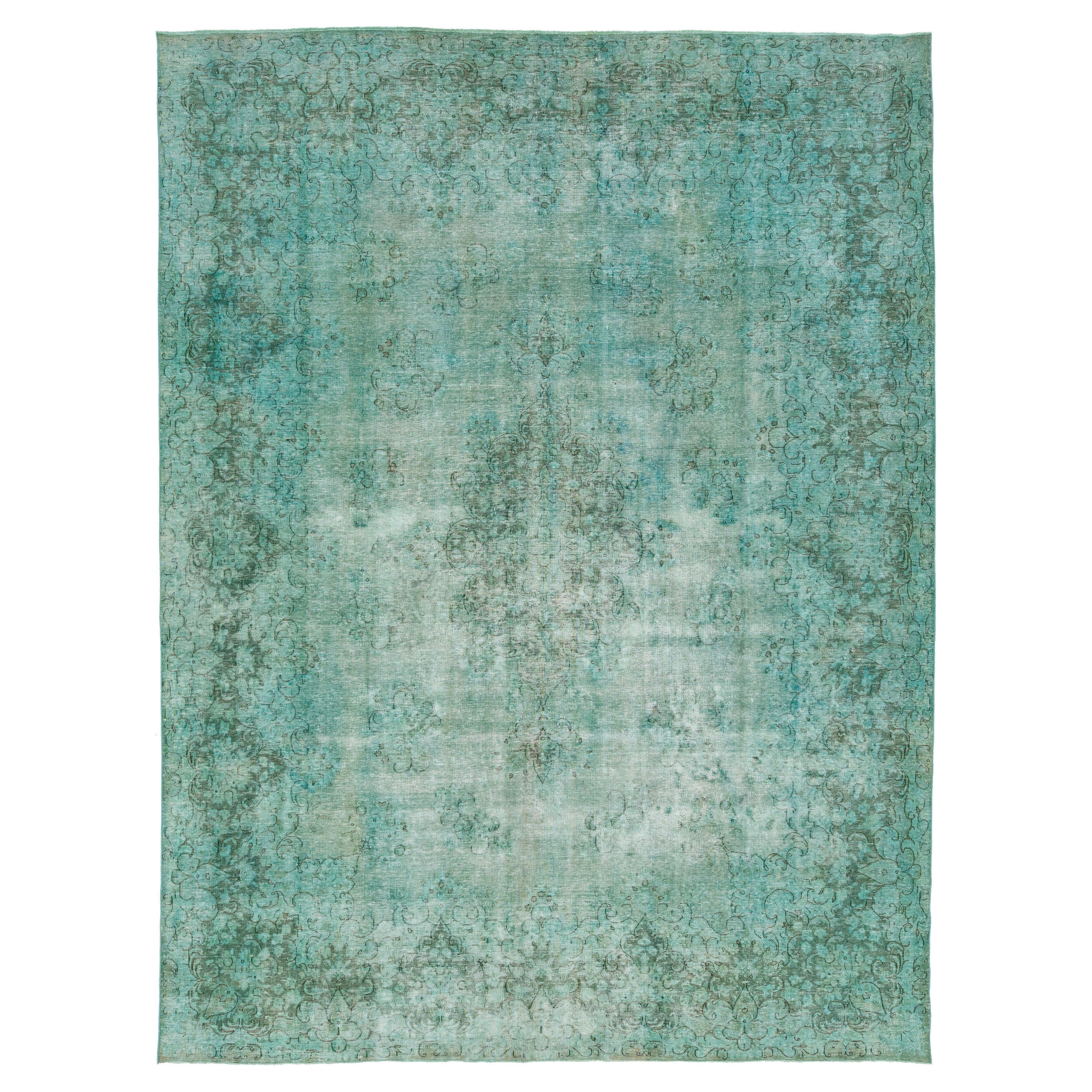 Room Size Antique Overdyed Persian Wool Rug With Medallion Design In Light Green For Sale