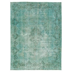 Room Size Antique Overdyed Persian Wool Rug With Medallion Design In Light Green