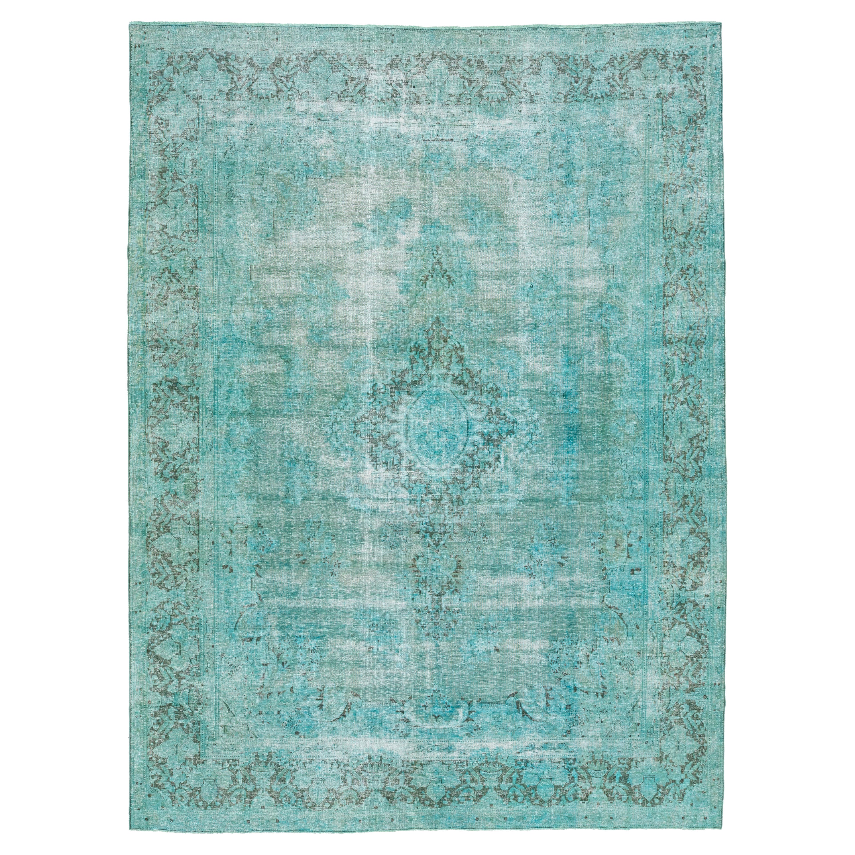 Turquoise Antique Overdyed Persian Wool Rug With Medallion Motif   For Sale