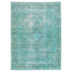 Turquoise Antique Overdyed Persian Wool Rug With Medallion Motif  